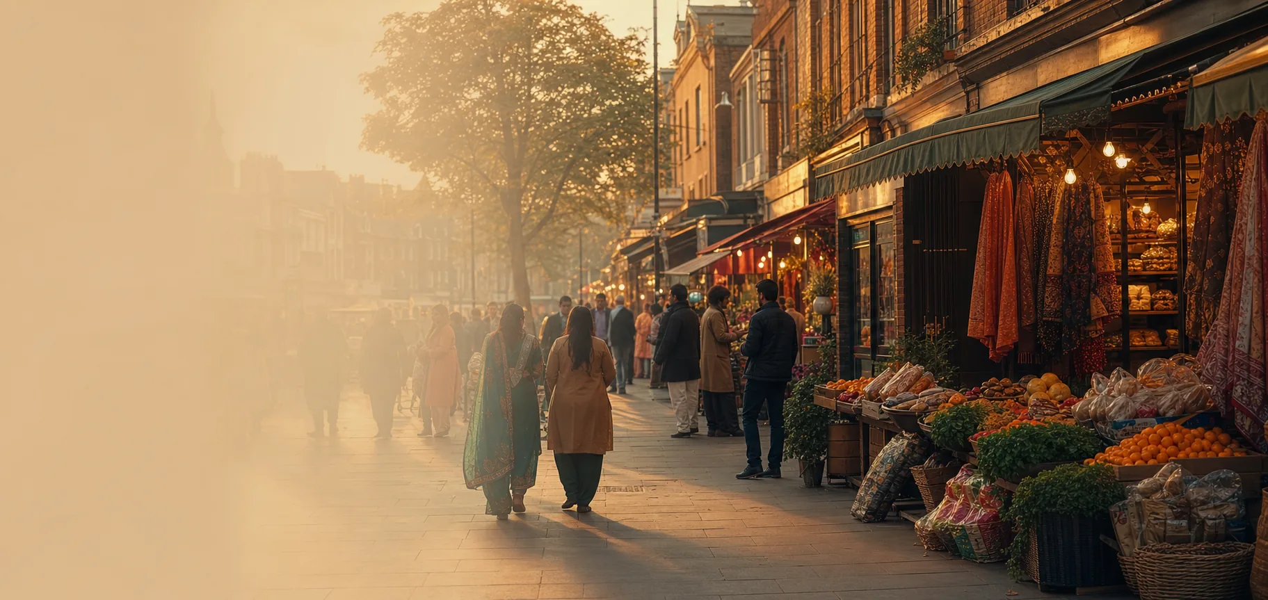 A vibrant South Asian bazaar at golden hour with fruit stalls and marigold garlands